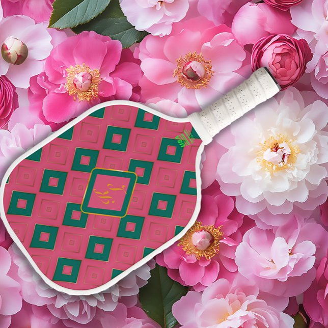 Palas De Pickleball Diseño de diamante preppy Monogramado rosa y verde (Stylish Pink and Green Diamond Monogram Pickleball Paddle )