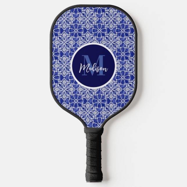 Palas De Pickleball Diseño elegante azul grisáceo inicial monogramado (Anverso)