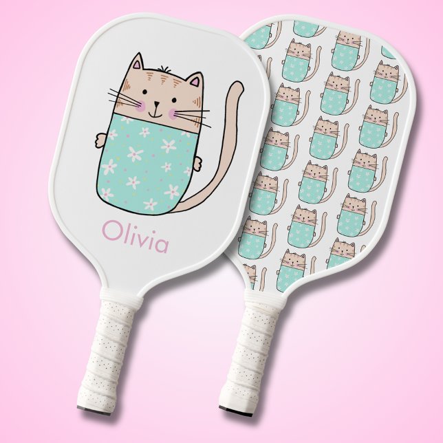Palas De Pickleball Diversión de un gato lindo (Cute illustrated floral cat pickleball paddle. Pattern to reverse. Large cat motif & name to front,)