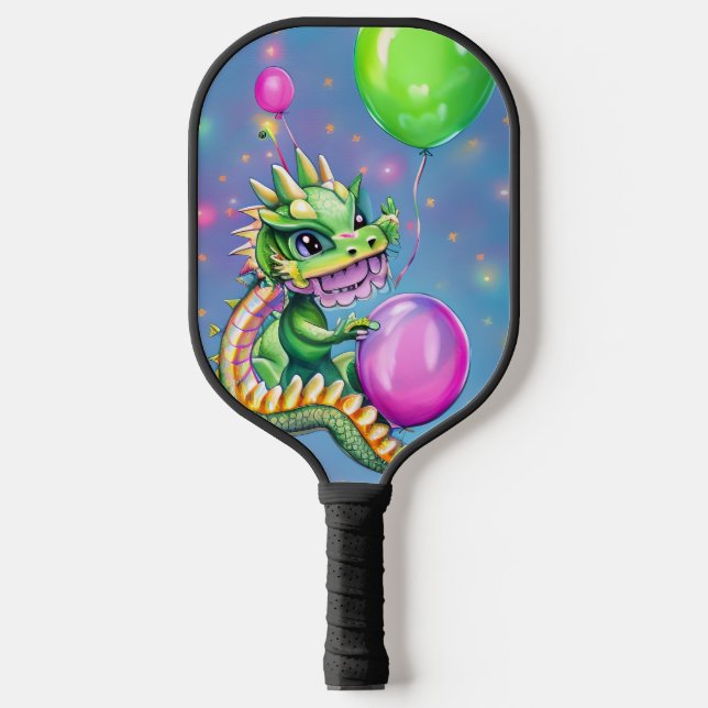 Palas De Pickleball Dragón de cumpleaños lindo con globos (Anverso)