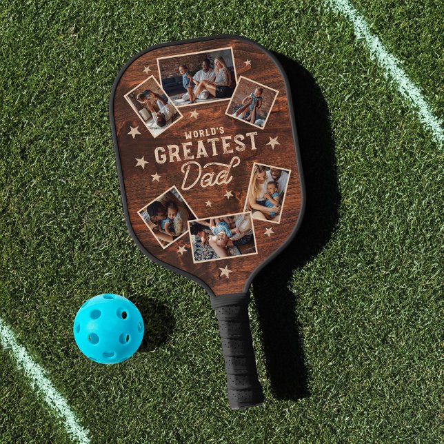 Palas De Pickleball El mayor Collage de fotos de seis hilos de madera  (World's Greatest Dad Woodgrain Six Photo Collage Pickleball Paddle)