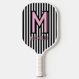Palas De Pickleball Elegant Black& White Stripes Pink Script Monogram