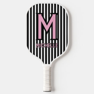 Palas De Pickleball Elegant Black& White Stripes Pink Script Monogram