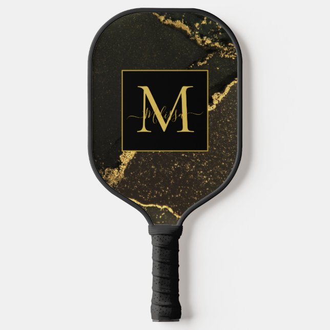 Palas De Pickleball Elegant Modern Gold and Black Marbled Monogram (Anverso)