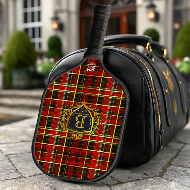 Palas De Pickleball Elegant Red Gold Tartan Monogrammed Corporate  (Elegant Classic Red Plaid Monogrammed Tartan Pickleball Paddle )