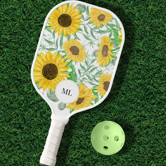 Palas De Pickleball Elegante acuarela Sunflowers Monogramado (Subido por el creador)