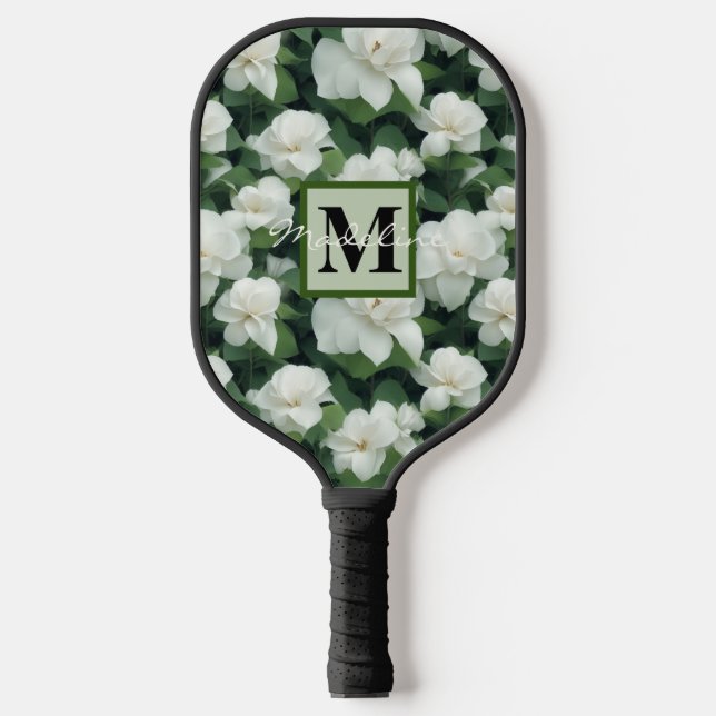 Palas De Pickleball Elegante agua floral blanca y verde (Anverso)