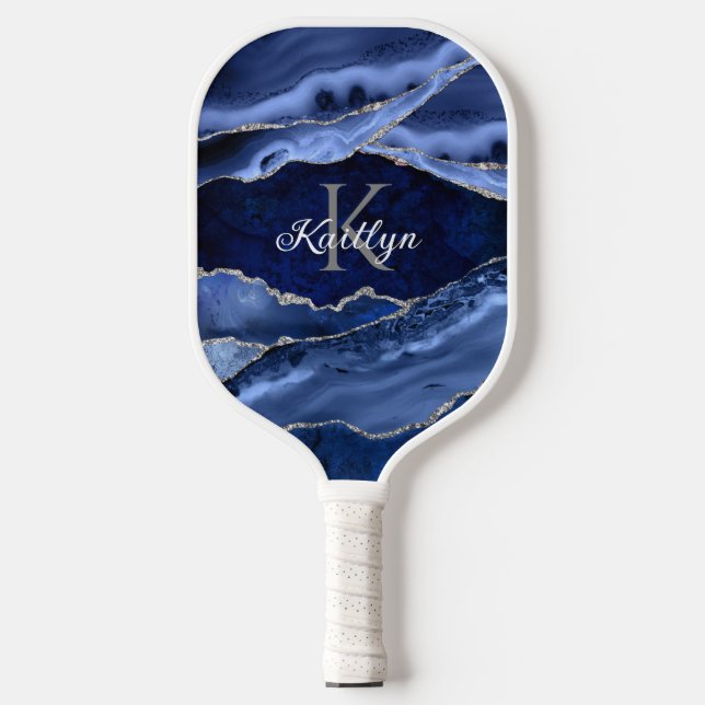 Palas De Pickleball Elegante azul agate Purpurina plateado Monograma n (Anverso)