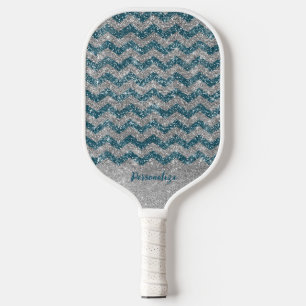 Palas De Pickleball Elegante Azul Plateado Brillo Chevron Zig Zag