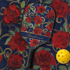 Palas De Pickleball Elegante Clásico Damask Vintage Red Rose Navy Blue