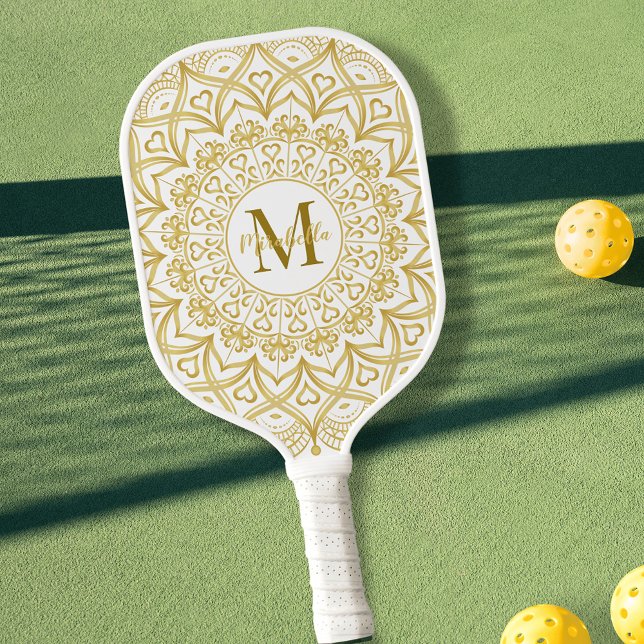 Palas De Pickleball Elegante en Monogramo Mandala Girly Blanco y Oro (Subido por el creador)
