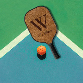 Palas De Pickleball Elegante Faux Brown Leather Monogramed Inicial