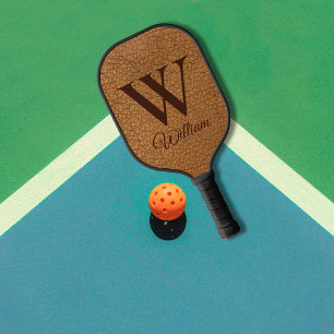 Palas De Pickleball Elegante Faux Brown Leather Monogramed Inicial