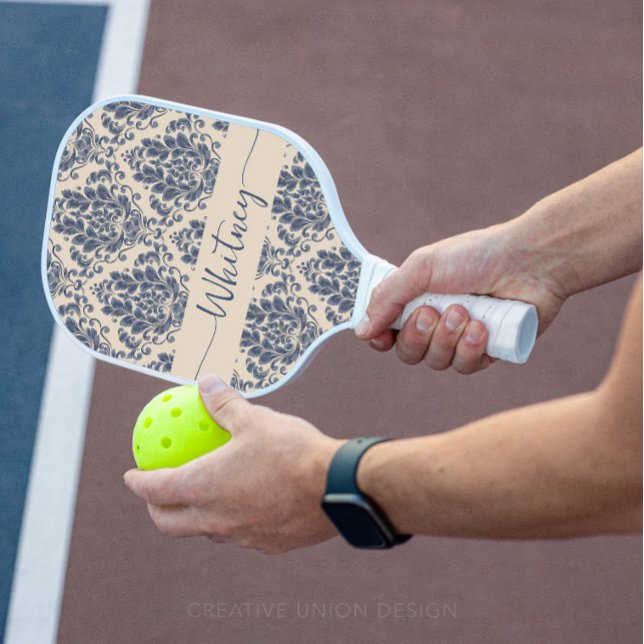 Palas De Pickleball Elegante floral Royal Blue Damask (Personalized Pickleball Paddle)