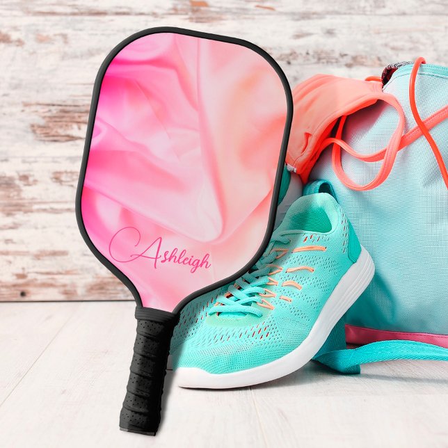 Palas De Pickleball Elegante Glam Hot Pink Satin Script Nombre (Subido por el creador)