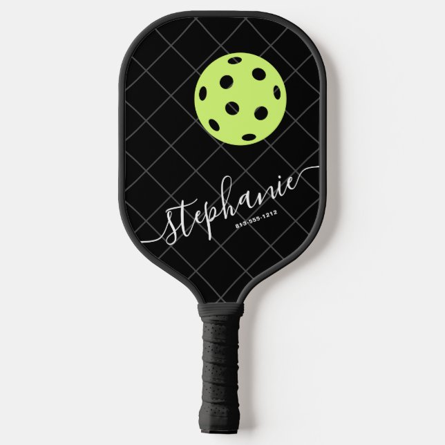 Palas De Pickleball Elegante guión amarillo blanco negro personalizado (Reverso )