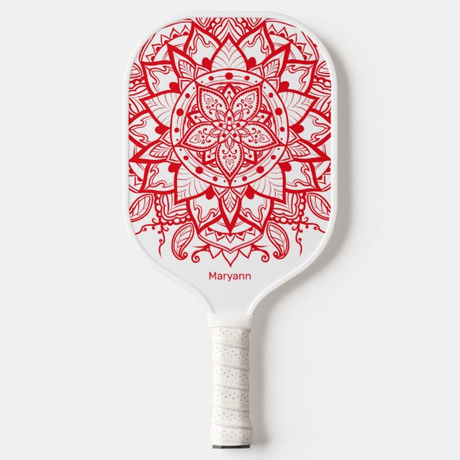 Palas De Pickleball Elegante Mandala Rojo Flor Nombre e Iniciales (Anverso)