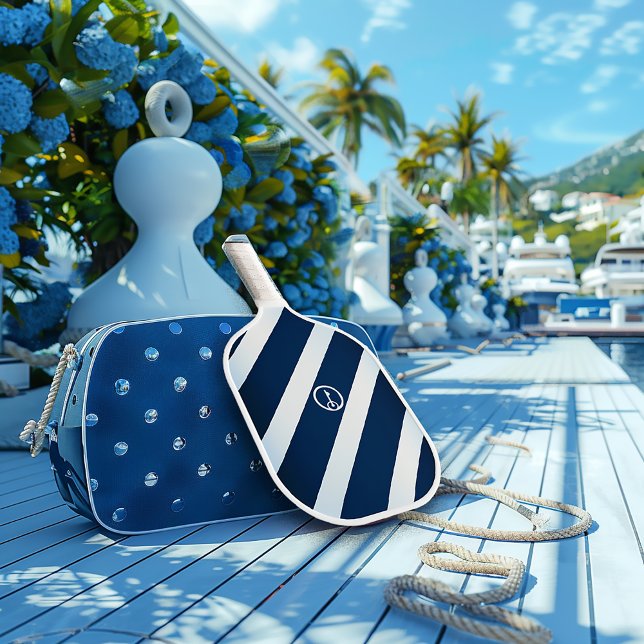 Palas De Pickleball Elegante marina y azul claro a rayas náuticas (Nautical Navy and Light Blue Striped Pickleball Paddle)