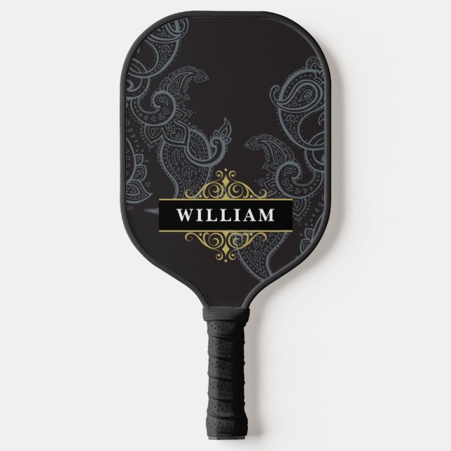 Palas De Pickleball Elegante Monograma Black Gold Paisley (Anverso)