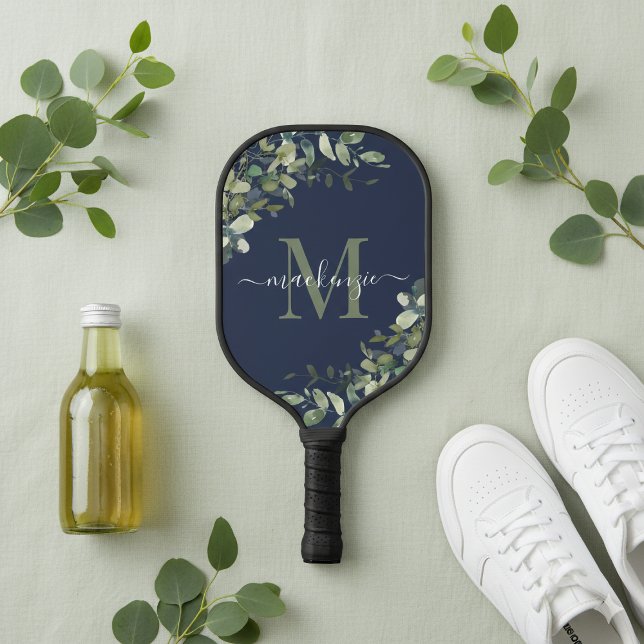Palas De Pickleball Elegante Monograma Botánico de la Marina Azul Euca (Elegant Navy Blue Eucalyptus Botanical Monogram Pickleball Paddle)