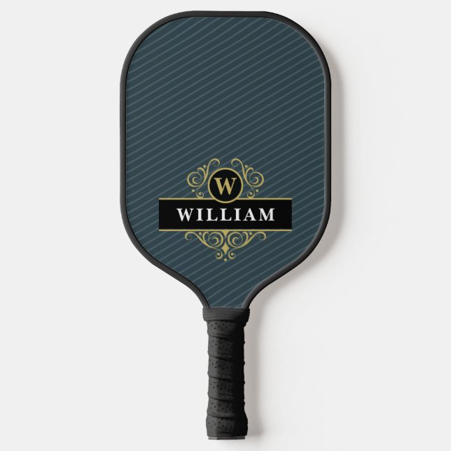 Palas De Pickleball Elegante Monograma de Oro Negro Pinstripe (Anverso)