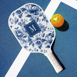 Palas De Pickleball Elegante Monograma Floral Azul Vintage
