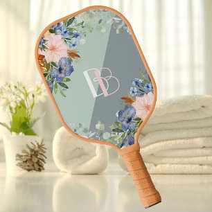 Palas De Pickleball Elegante Monograma Floral Rosa Azul Polvoriento