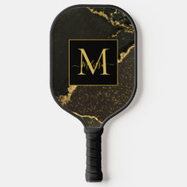 Palas De Pickleball Elegante Monograma Modernos Marmoleados en Oro y N