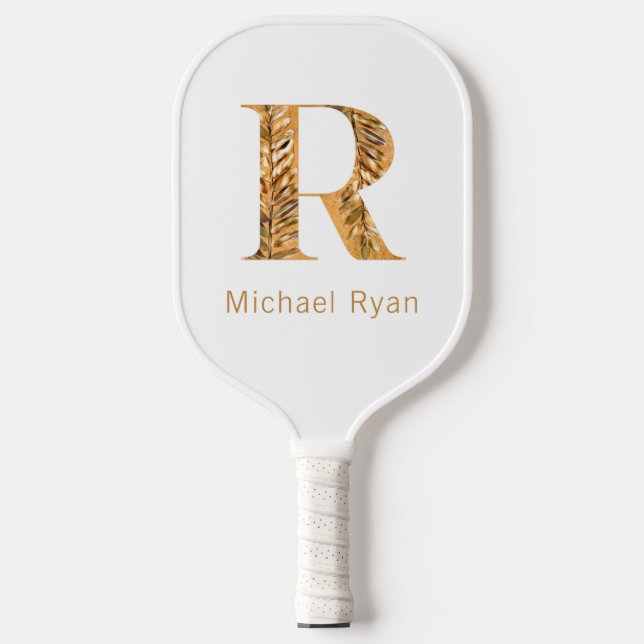 Palas De Pickleball Elegante Monograma Personalizado Blanco y Oro (Anverso)
