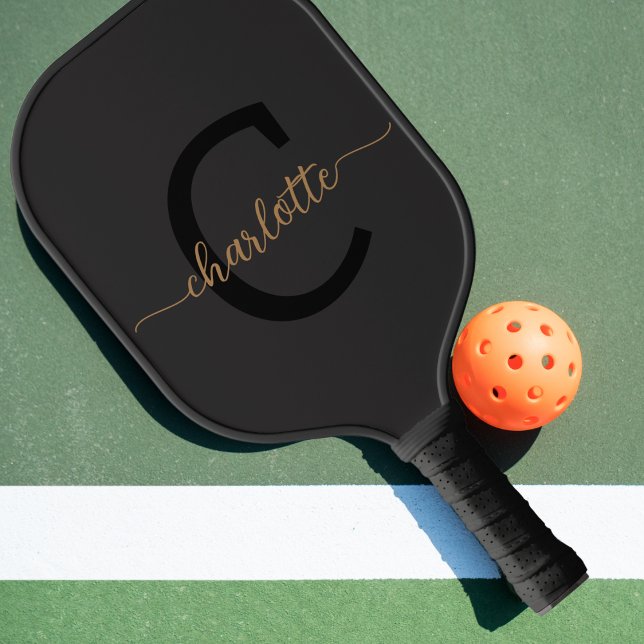 Palas De Pickleball Elegante Monogramado Black Gold Script Name (monogrammed black and gold pickleball paddle)