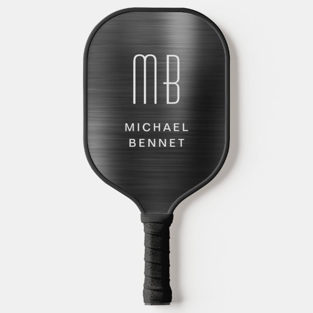 Palas De Pickleball Elegante Monogramado Faux Black Brushic Metálico (Anverso)