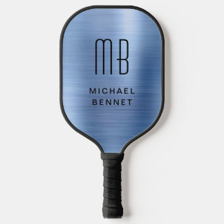 Palas De Pickleball Elegante Monogramado Faux Blue Brushic Metálico