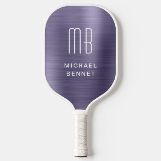 Palas De Pickleball Elegante Monogramado Faux Purple Brushic Metálico