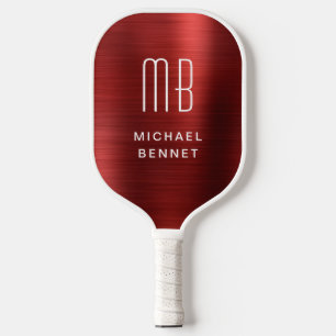 Palas De Pickleball Elegante Monogramado Faux Red Brushic Metálico