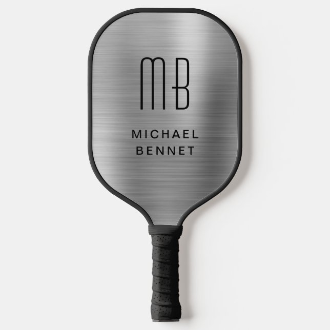 Palas De Pickleball Elegante Monogramado Faux Silver Brushic Metálico (Anverso)