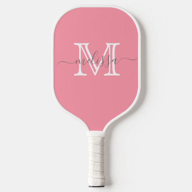 Palas De Pickleball Elegante nombre mínimo rosado y monograma (Anverso)