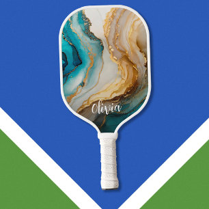 Palas De Pickleball Elegante nombre personalizado de mármol de oro azu