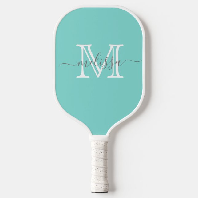 Palas De Pickleball Elegante nombre Verde azulado mínimo y monograma (Anverso)