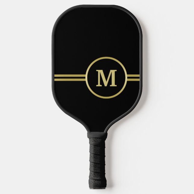 Palas De Pickleball Elegante oro Monograma personalizado sobre negro (Anverso)