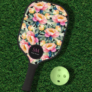 Palas De Pickleball Elegante Peony acuarela sobre el Monograma Negro