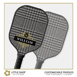 Palas De Pickleball Elegante Plaid Glen Negro Gris Monograma Dorado