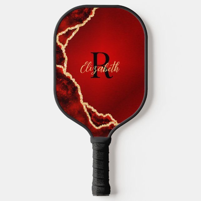 Palas De Pickleball Elegante rojo y negro agate monogramado (Anverso)
