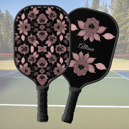 Palas De Pickleball Elegante rosa sobre encaje negro de estilo vintage