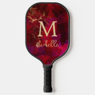 Palas De Pickleball Elegante Ruby Red Gold Monograma Nombre inicial