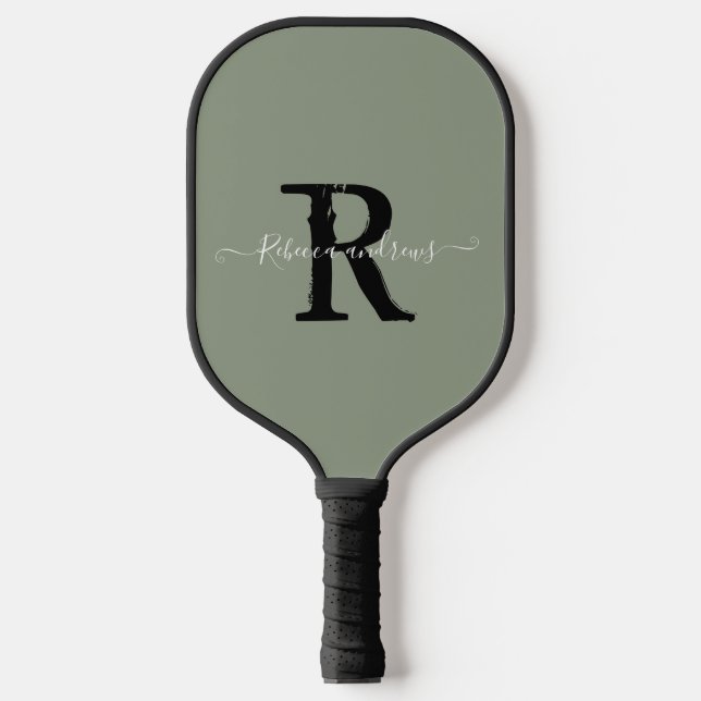 Palas De Pickleball Elegante Sage Green Monograma Script Nombre inicia (Anverso)