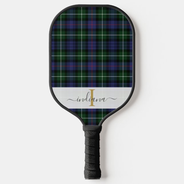 Palas De Pickleball Elegante Script Monograma Cuadro Escocés (Anverso)