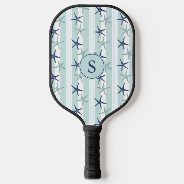 Palas De Pickleball Elegante Starfish Blue Coastal Monogramado Inicial (Anverso)