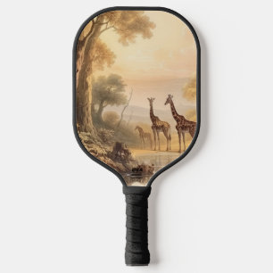 Palas De Pickleball Escena botánica vintage de jirafas a orillas del r