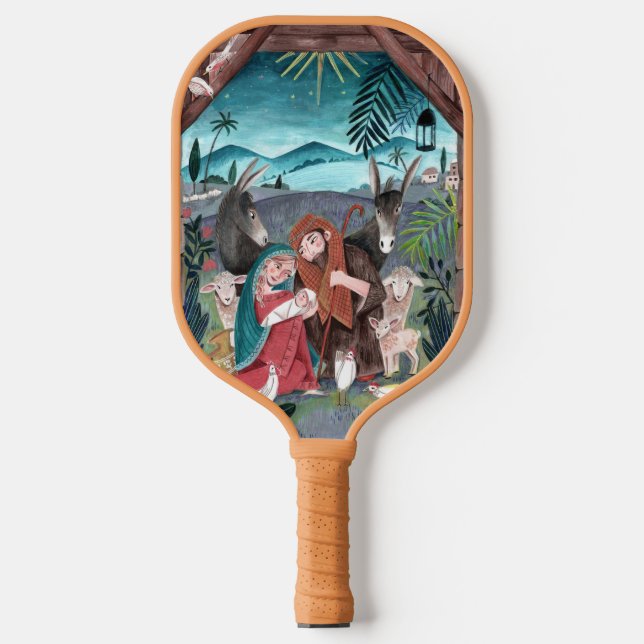 Palas De Pickleball Escena de la natividad religiosa azul, rojo María  (Anverso)
