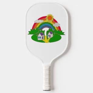 Palas De Pickleball Escena rural personalizado con arcoiris y casa de 